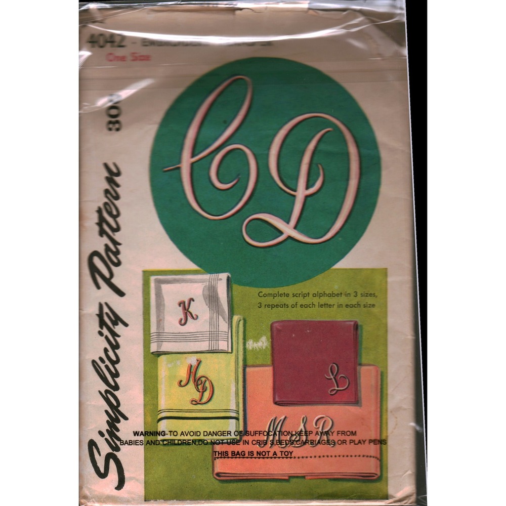 Vintage Simplicity 4042 Embroidery Transfer Pattern Script Monogram‎ Alphabet